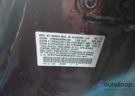 2013 Honda Pilot Lx из США, поврежденный, VIN 5FNYF4H24DB049370